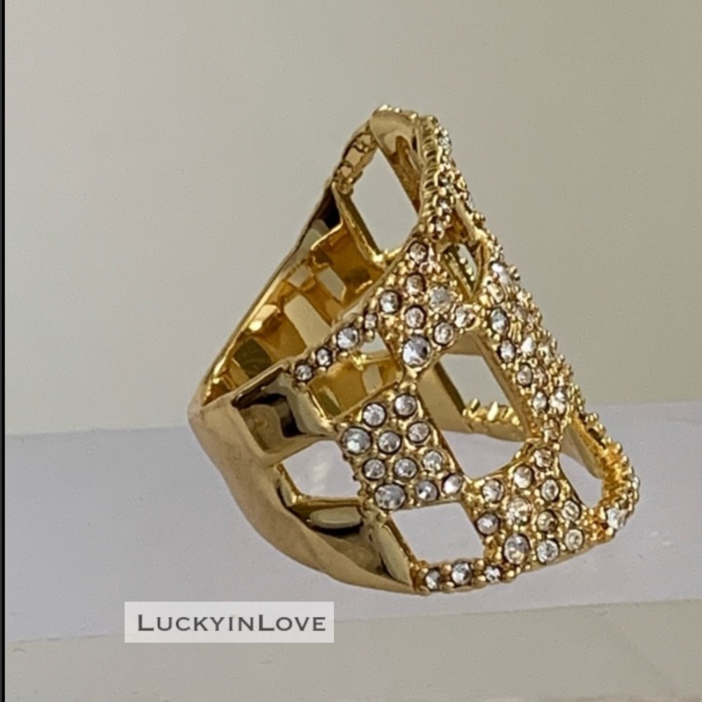 ALEXIS BITTAR • Gold Georgian Checkerboard Pavé Crystal “Diamond” Ring - Picture 5 of 11